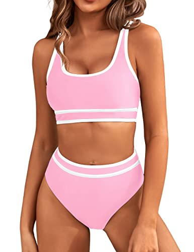 Image of BMJL Women's High Waisted Bikini Sets Sporty Two Piece Swimsuits Color Block Tummy Control Modest Bathing Suit