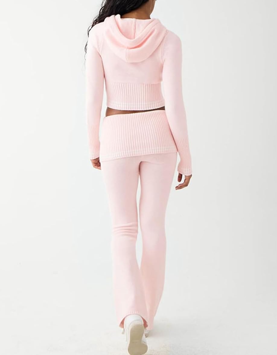 Pantaloni da donna con cappuccio elasticizzati a maniche lunghe con zip e pantaloni da salotto - Moda casual Y2k Slim Crop Top a vita alta Pantaloni skinny Abiti maglione, rosa, M