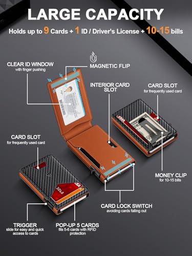 Image of Wallet for Men, Slim Minimalist Wallet with Money Clip＆ID Window, RFID Blocking Pop-Up Credit Card Holder, Smart Auminum Mens Wallet Holds 9-13 Cards (Gift Box) (Carbon Fiber & Orange)