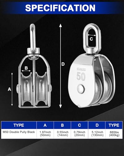 DASBET M50 Double Pulley Block Set - 304 Stainless Steel Pack of 2 | Heavy Duty Double Pulleys for Efficient Lifting | Ideal for Hanging Wire and Crane Operations with Swivel Hook Design - Thumbnail 2