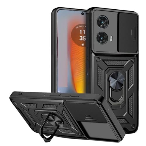 Image of SPAZY CASE Moto G96 Back Cover | Heavy Duty Hybrid Case with 360 Degree Rotating Finger Ring Holder + Slider Shutter Camera Protection Case for Moto G96 - Black