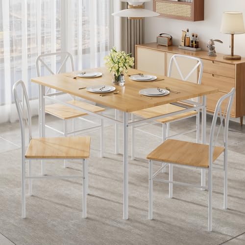 Image of VECELO 5-Piece Dining Table Set for 4, Wood Dinette with Chairs, Natural | Space-Saving, for Kitchen