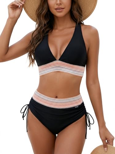 Hicodbek Bikini Damen Set Sexy Badeanzug Bademode Hohe Taille Farbblock Zweiteiliger Kordelzug Badeanzüge Bikinis für Frauen (DE/NL/SE/PL, Alphanumerisch, L, Regular, Regular, Schwarz)