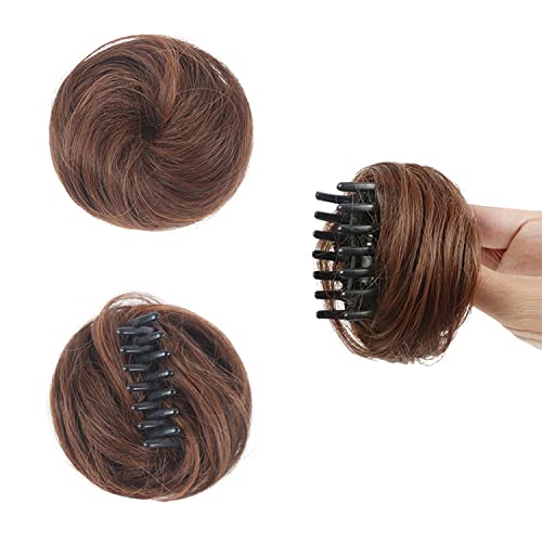 Dsoar 2PCS Mini Claw Fake Buns Straight Hair Extensions Donut Chignon Clip in Scrunchies, Light Brown, 2.0 Count - Image 2