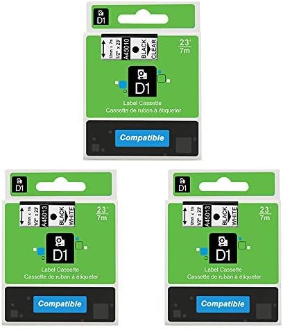 Oulei Compatible Label Tape Replacement for Dymo Labels Tape 45013 45010, 1/2 Inch Black on White/Clear Tape, Work with Dymo LabelManager 160 360D 210D 280 420 Refill Cartridge, 3-Pack.