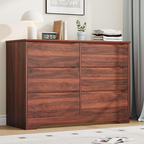 GarveeHome Wooden Dresser with 6 Drawers, Tall Modern Closet with Deep Storage, Large Chest of Drawers with Wide Top, Long Storage Dresser for Bedroom, Living Room, Hallway, Kids Room, Red Walnut