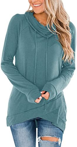 Fallorchid Womens Long Sleeve Pullovers Cowl Neck Tunic Tops Casual Drawstring Sweatshirts (Light Blue, Medium)