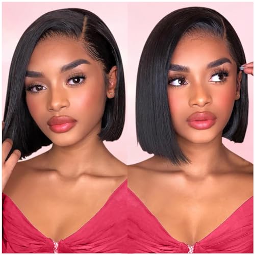 Wear and Go Bob Glueless Wig Human Hair Pre Plucked Pre Cut 5x5 Ready to Wear Glueless Straight Bob Lace Front Wigs For Women HD Transparent Lace Closure Wigs Human Hair Natural Black Color 10 Inch