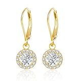 14K Gold Dangle Earrings for Women: Package includes one pair stelring silver post round halo drop earrings, set with sparkling cubic zirconia that has excellent cut and brilliant fire, which add a touch of elegance to your temper. Gold Leverback Dro...