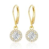 ALEXCRAFT Sterling Silver Round Halo Drop Dangle Earrings for Women, 14K Gold Cubic Zirconia Leverback Dangle Earrings Lightweight Jewelry Gifts for Wedding Bridal