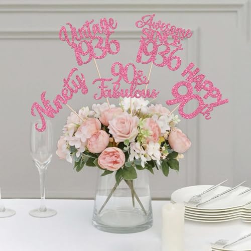 Image of 15 PCS 90th Birthday Centerpiece Sticks Ninety Happy 90 Vintage 1936 Table Flower Centerpieces Sticks Cheers to 90 Fabulous Floral Decorations for 90th Birthday Party Supplies Pink
