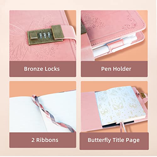 Billtigif Diary with Lock, Journal for Women Girls, Vintage Lock Journal Refillable Personal Locking Notebook Secret Journal with Combination Lock, 5.3'' x 7.8'' (Pink)