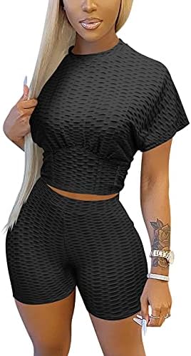 Two Piece Outfits for Women, Short Sleeve Tummy Control Crop Top and Bodycon High Waist Pant Workout Sets, Casual Tracksuit Sexy Clubwear (Black, S, s)