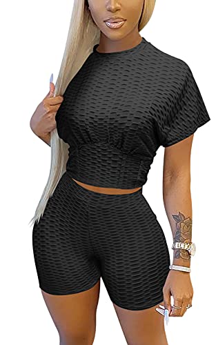 Two Piece Outfits For Women, Short Sleeve Tummy Control Crop Top And Bodycon High Waist Pant Workout Sets, Casual Tracksuit Sexy Clubwear (Black, S, S) #TOP6