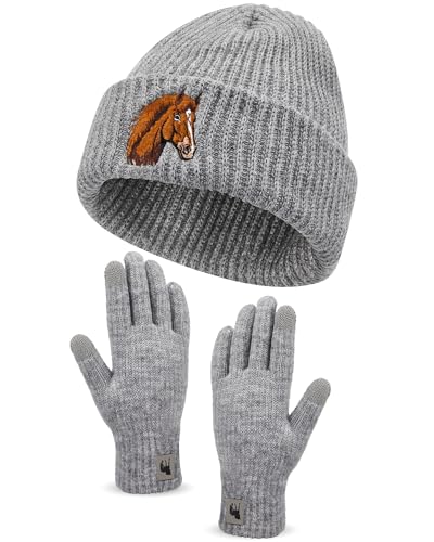 Geyoga Pferd Motiv Geschenke für Frauen Mütze Handschuh Sets Warme Strickmütze Winter Beanie Mütze Strickhandschuhe Fleecehandschuhe Geschenk für Pferdeliebhaber(Grau, Pferd)