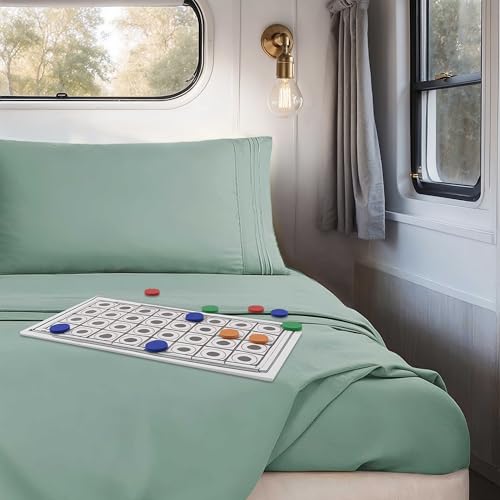 Image of Nestl Sage Green Short Queen Sheets for RV, Hotel Luxury RV Queen Sheets Set, 4 Piece Fitted Bed Sheet Set and Pillowcases, Super Soft, Wrinkle-Free, and Breathable Camper Bedding