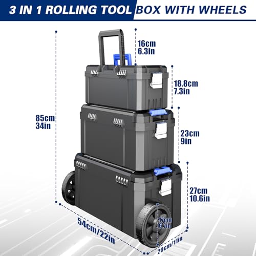 Image of 3-In-1 Tool Box with Wheels | Rolling Stackable Tool Box | Modular Tools Storage System | Small Toolbox with Detachable Parts Box Organizer丨Portable Toolbox for Garages,Home DIY,Workshop丨17+19+21 inch