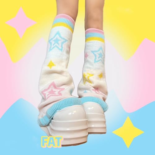 Candy Color Rainbow Reversible Flared Leg Warmers with Sweet Star Pattern for Women Aesthetic Knitted Foot Covers Socks4