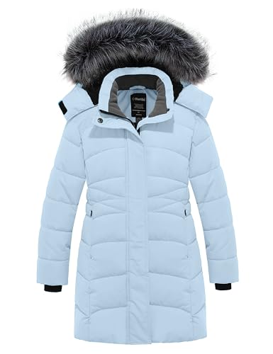 Image of wantdo Girls Winter Coats Long Puffer Jackets Fleece Lined Removable Hood | Detachable Faux Fur, 5000mm Waterproof, Zippered Pockets, Machine Washable