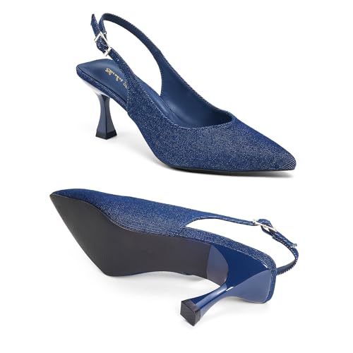 Image of Elisabet Tang Women's Kitten Heel Slingback Low Pumps 3 Inches Stiletto Pointed Closed Toe Elegant Dressy Bridal Wedding Party Shoes