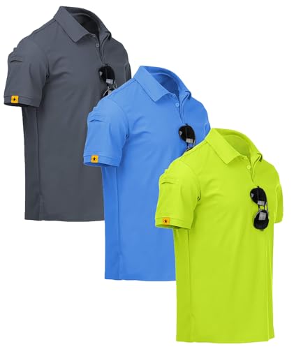ZITY 3 Pack Mens Polo Shirt Short Sleeve Sports Performance Business Casual Golf Shirts for Men Collared Tactical T-Shirts Grey Lightblue Lemongreen Large
