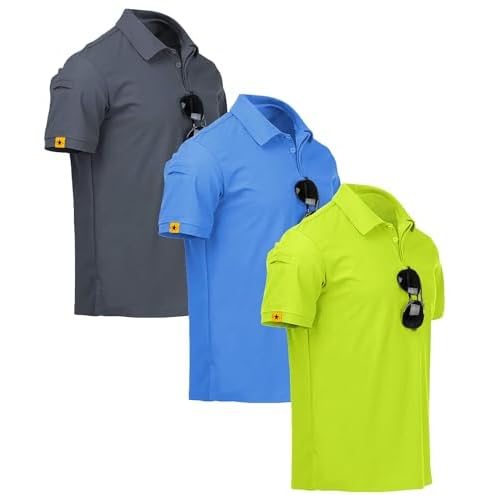 ZITY 3 Pack Mens Polo Shirt Short Sleeve Sports Performance Business Casual Golf Shirts for Men Collared Tactical T-Shirts Medium Grey Lightblue Lemon