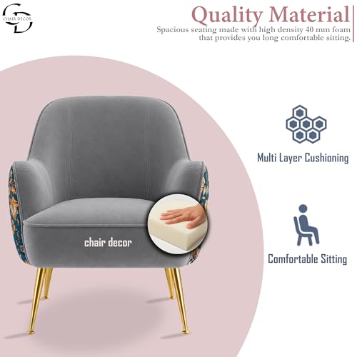 Image of Accent Chair with Ottoman | Modern Velvet Lounge Chair with Floral Designer Back | Upholstered Armchair for Living Room, Bedroom & Cafe | Golden Legs