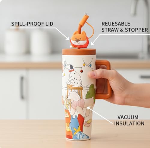 Image of Insulated Tumbler Large Travel Mug Sipper with Handle and Straw, Dog Adventure Print Design, Spill-Proof Lid with Silicone Animal Stopper, Reusable Straw, 1200ML - Pack of 1