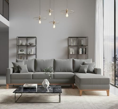 Sofá Beny com Chaise Direita, 2,60x1,40m, 4 Lugares, Linho, Base em Madeira. (Cinza)