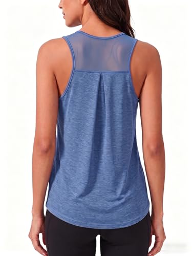PINSPARK Damski sportowy tank top bez rękawów, oddychający top z siateczki, na siłownię, lekki top sportowy, luźny top do jogi, niebieski, S