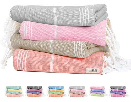 Native Fab Large Turkish Towels Set of 4 Lightweight Quick Dry Durable Absorbent 100% Cotton Perfect for Beach Travel Pool Spa Bath - Ash Grey Beige Light Orange Pink
