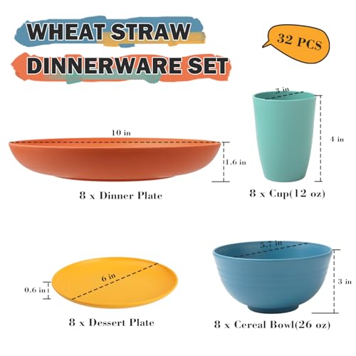 Image of Wheat Straw Dinnerware Sets, Plates and Bowls Sets Unbreakable & Microwave Safe - 32 Piece Service for 8 Dinner Plate Dessert Plate Cereal Bowl Cup for Kitchen & Outdoor - Multi