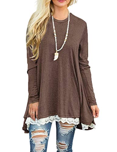 Poetsky Women's Crew Neck Long Sleeve Lace Splicing Swing Shirt Dresses Long Tunic Blouses Shirts for Leggings (L,Coffee)