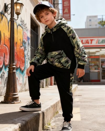 Image of OLMRJKD 5-12Y Boys Clothes 2 Piece Long Sleeve Quarter Zip Hoodie Sweatshirt and Sweatpants Fall Winter Sweatsuit