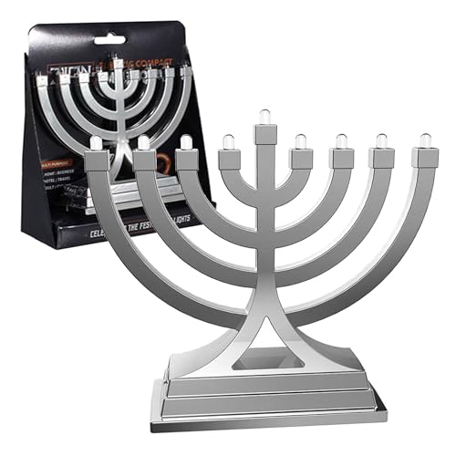 Mini Electric Menorah LED Battery or USB Powered - Push Button Multi Light Settings - Hanukkah Battery Operated Minorah Small Menorahs for Office Car Home Chanukah Decorations By Zion Judaica (Silver)