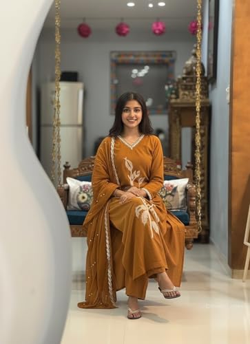 Image of ANNI Designer Women Rayon Viscose Straight Embroidered Kurta with Pant and Dupatta | 3 /4 Sleeve | V-Neck | Ethnic Kurta Set for Women