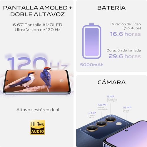 V40 SE 5G Smartphone, Móvil Android de 8 GB + 256 GB, Pantalla AMOLED de 6,67" y 120 Hz, Cámara Triple de 50 MP, Batería de 5000mAh, Teléfono móvil Dual SIM, Negro - Imagen 3