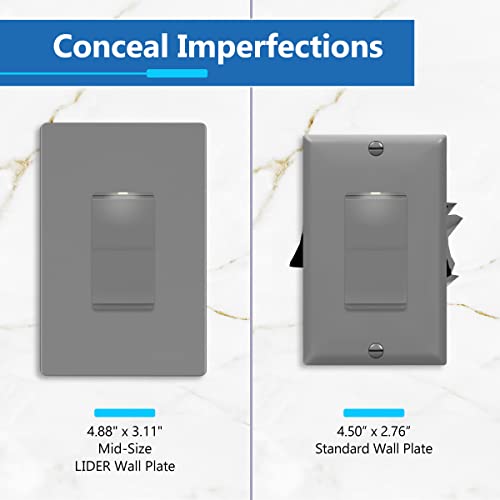 Image of LIDER Decorator Switch Cover, Screwless Wall Plate, Mid-Size 1-Gang 4.88 inch x 3.11 inch, LSWP-31M-GY, UL Listed, Thermoplastic, Matte Gray, 1-Pack