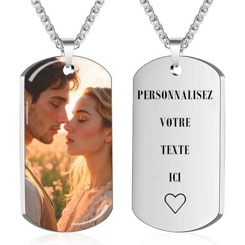 BEXOA Collier Personnalisé avec Gravure Photo et Texte Pendentif Dog Tag Cadeau pour Homme Femme Couples Amis et Famille (Argent UV)