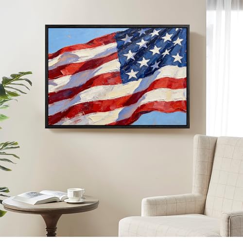 Image of American Flag Framed Canvas Wall Art, 4th of July Red White Blue Canvas Prints, USA Flag with Picture Patriotic Decorations, Modern Independence Day Wall Decor for Bedroom Living Room Office 24x36