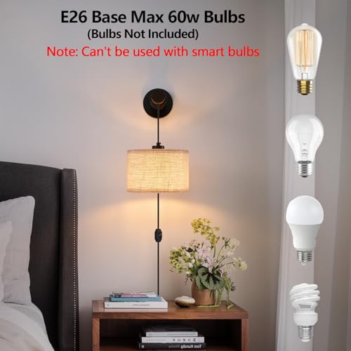 Image of XSDeTu Plug in Wall Sconces Set of 2, Farmhouse Wall Lamp with 5.9FT Plug in Cord, Dimmable Hanging Wall Lighting with Fabric Shade, Adjustable Wall Mount Lights for Bedroom Living Room, Wooden Arm