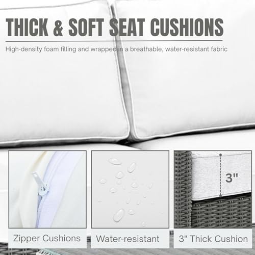 Image of DEVOKO 3 PCS Outdoor Wicker Rattan Furniture Set Cushioned Sectional Sofa,Corner Sofa with Center Table for Garden, Park, Porch, Poolside, Backyard (Silver & White)