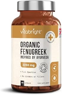 Organic Fenugreek Capsules - 2250mg High Strength - 180 Capsules (60 Day Supply) - Supports Healthy Blood Sugar Levels and Healthy Cholesterol Levels - Vegan - Made in The UK by VitaBright