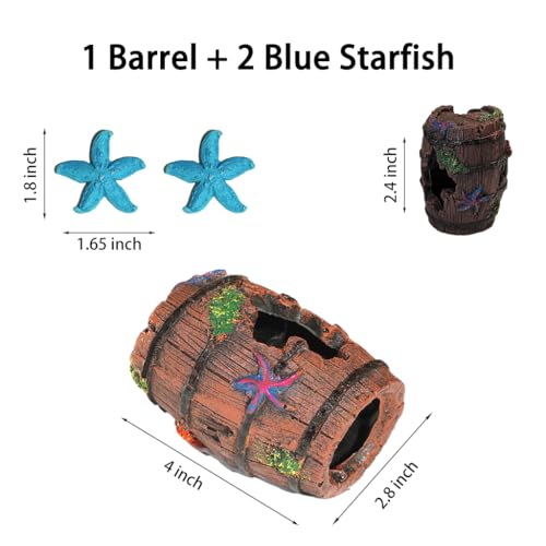 Image of Aquarium Barrel Fish Tank Decorations - Resin Betta Fish Tank Cave with Blue Starfish Ornaments, Rustic Aquarium Ornaments for Small Fish