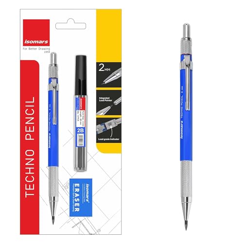 Image of Isomars Mechanical Drafting Pencil 2mm with Built-in Sharpener, 10 Leads & Eraser | Non-Slip Metal Grip Technical Pencil for Drawing, Sketching & Writing