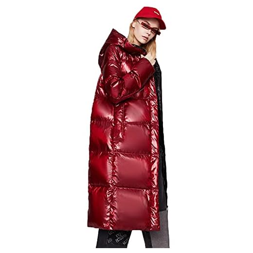RSTJ-Sjcw Förtjockad lång dunjacka för kvinnor Dam Glossy Hooded Vit anka vadderad dunfyllningsrock Winter Puffer Jacket,Red,L