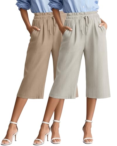 2 Pack Women's Wide Leg Linen Capri Pants Casual Cotton High Waist Cropped Palazzo Summer Trousers with Pockets