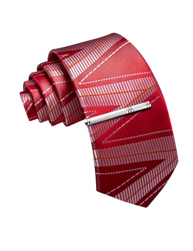 Image of Barry.Wang Mens Ties Silk Red Silver Striped Plaid Checkered Woven Neckties and Tie Clip Set Formal Business Wedding