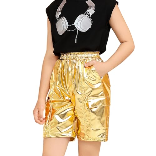 Perfashion Metallic Cargo Shorts for Girls Boys Y2K Multi-Pocket Shorts Streetwear Skater Shorts 4-13Y