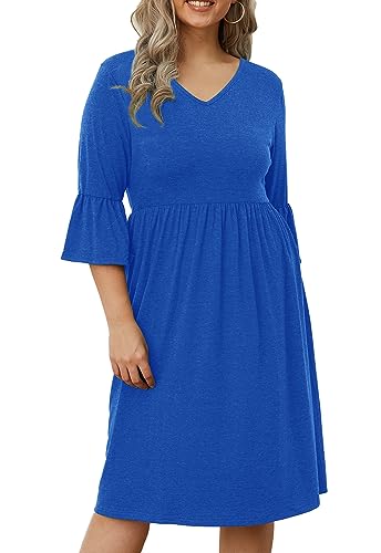 Image of Women's Plus Size 3 /4 Sleeve Casual Dress V Neck Spring Summer Tshirt Empire Waist Ruffle Midi Dresses
